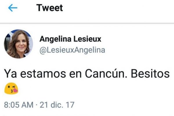 Llamativo mensaje apareció en el Twitter de Angelina Lesieux: Ya estamos en Cancún. Besitos