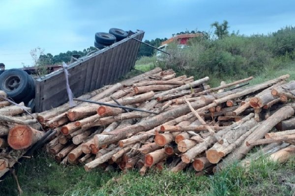 Camión cargado con troncos volcó en Esquina