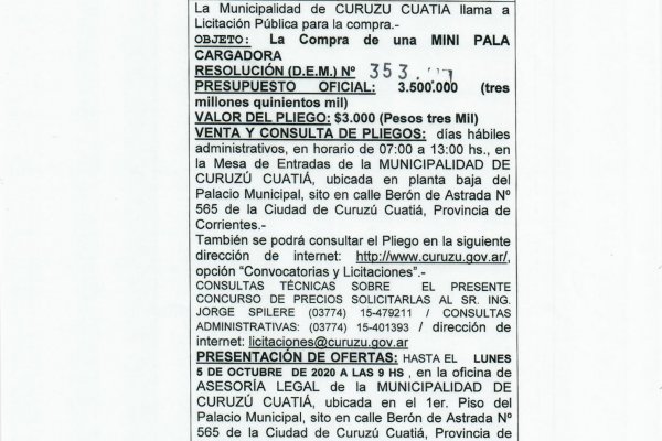 Licitación pública para la compra de una mini pala cargadora