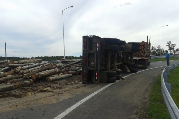 Volcó camión con madera en Ruta 14