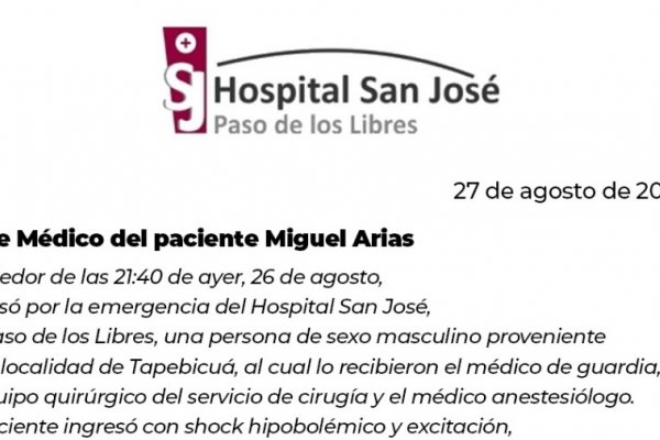 Parte Médico: Miguel Arias se encuentra estable e internado en terapia intensiva
