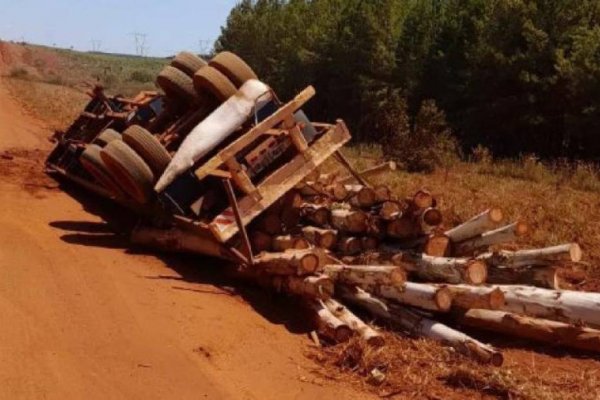 Volcó camión cargado con postes de eucaliptos