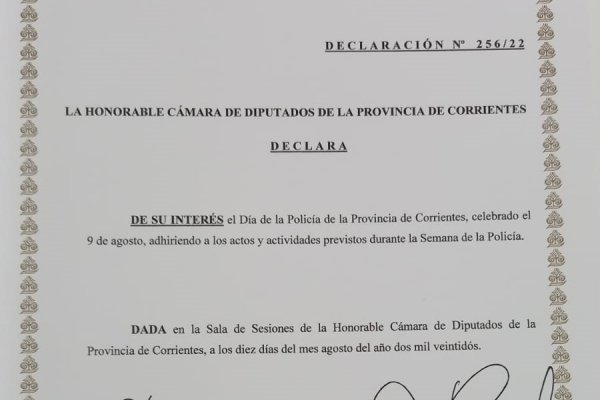 Se declaró de interés los actos y actividades por el Aniversario de la Policía de Corrientes