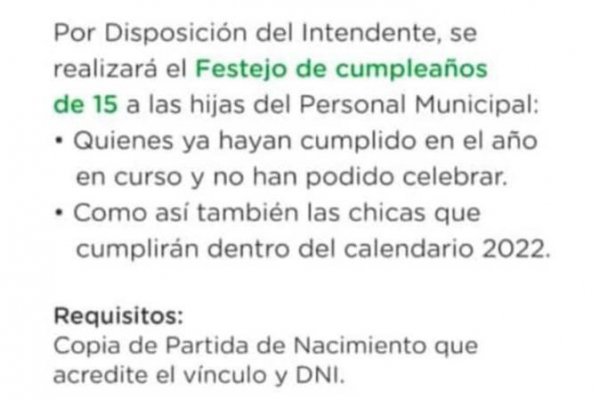 Corrientes: municipio de Ituzaingó pagará y organizará fiesta de 15 años a hijas de empleados comunales