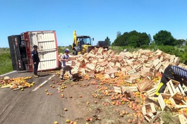 Se desprendió y volcó el acoplado de un camión cargado de tomates sobre ruta 118