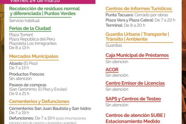 Servicios municipales para el feriado nacional de este viernes 24