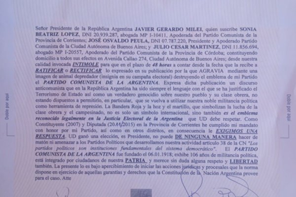 El PC de Corrientes envió una carta documento a Milei