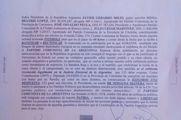 El PC de Corrientes envió una carta documento a Milei
