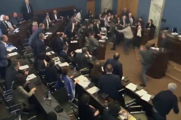 Legisladores pelean en el Parlamento de Georgia mientras debatían un polémico proyecto de ley