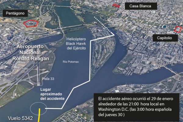 Mapa del lugar del accidente en Washington entre un avión de pasajeros y un helicóptero militar