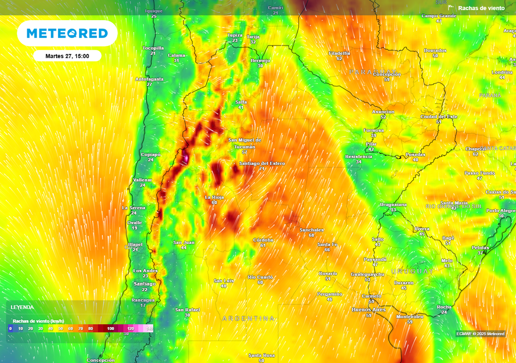 Ráfagas de viento pronosticadas por el ECMWF para el mediodía del martes.