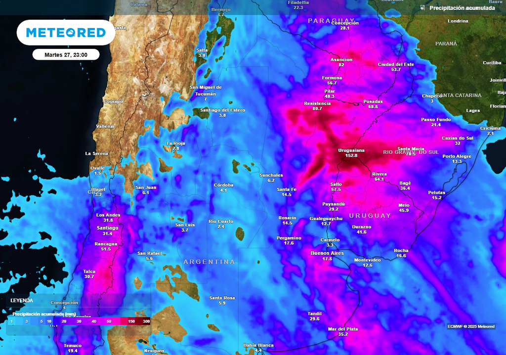 Acumulados de lluvia previstos entre el lunes y martes según nuestro modelo de referencia ECMWF