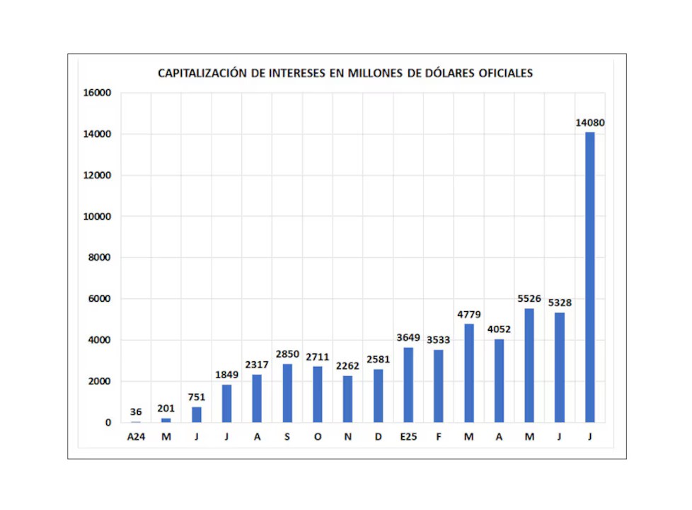 Considerando un PBI de USD 650.000 millones estimados para este a&ntilde;o, solo en julio el Tesoro acumul&oacute; intereses equivalentes al 2% del producto en un mes