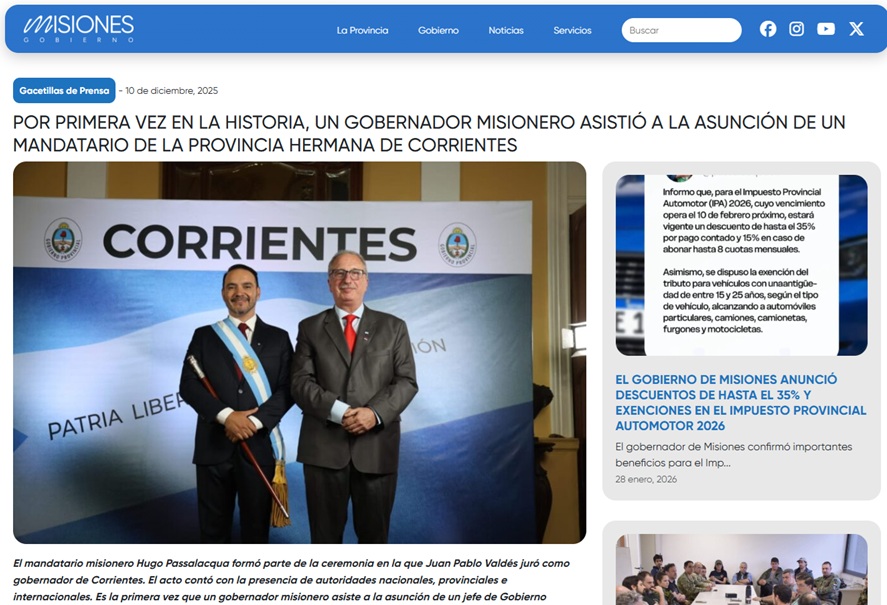 Passalacqua y Vald&eacute;s tiene muy buena sintonía y el Gobierno de Misiones subray&oacute; la importancia hist&oacute;rica de la visita que le hizo el misionero el 10 de diciembre para acompa&ntilde;arlo en la asunci&oacute;n.