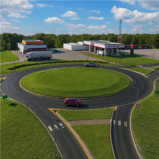 Vista a&eacute;rea de la Rotonda proyectada y la Estaci&oacute;n de Servicio que se encuentra en el acceso a la localidad de Itat&iacute;. Imagen generada por los autores del anteproyecto con IA.