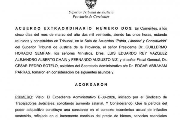 Corrientes: Se conoce el Acuerdo Extraordinario qué dispuso el aumento del 12% a trabajadores Judiciales