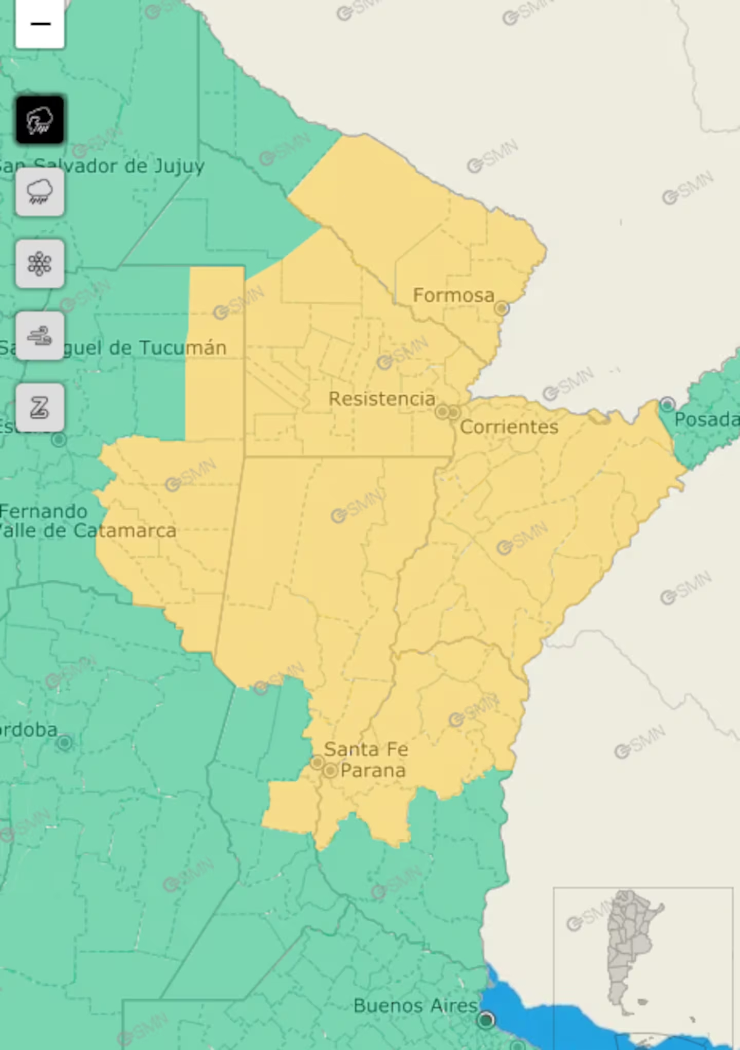 Zonas bajo alerta amarilla por tormentas (Captura SMN).